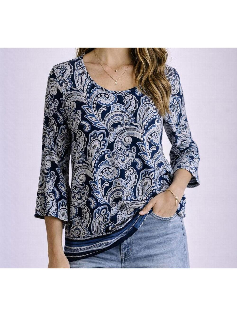 APT. 9 Blue Paisley 3/4 Sleeve Stretch Top – Size Small – Boho Casual Blouse